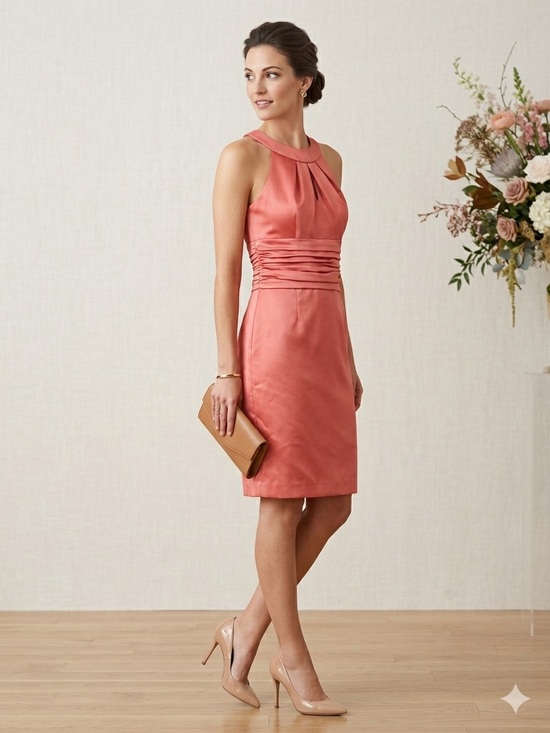 David's Bridal Dresses & Skirts - David's Bridal Satin Halter Neck Bridesmaid Wedding Cocktail Dress Size 2  Coral